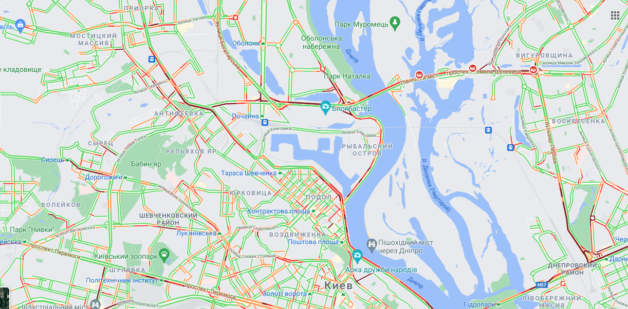 Пробки в Киеве 20 апреля. Скриншот Гугл Мэпс