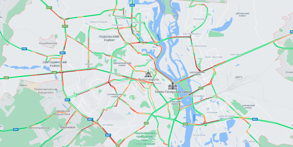 Пробки в Киеве 19 апреля. Фото: Google Maps