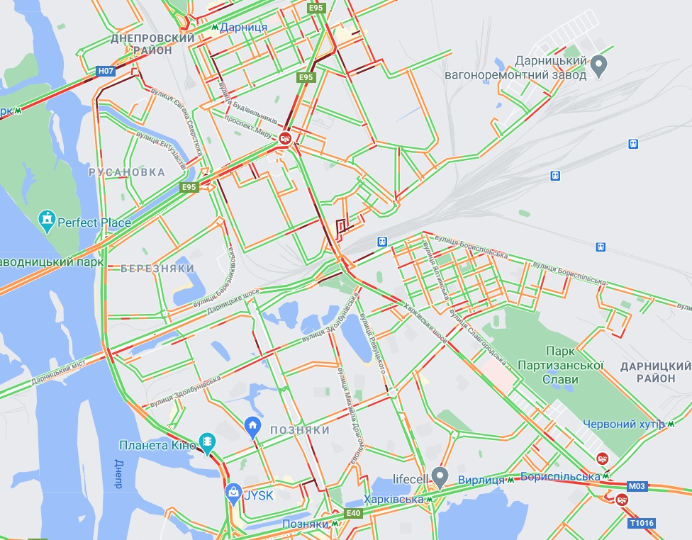 Пробки в Киеве. Скриншот Google Maps
