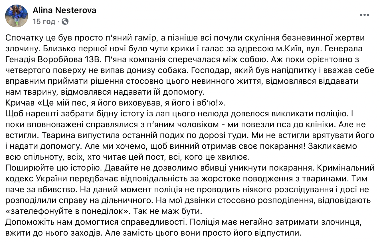 Киевлянин выбросил из окна многоэтажки свою собаку. Животное погибло