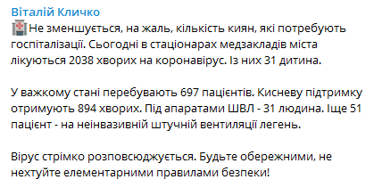 Количество заболевших Covid-19 за сутки в Киеве выросло на 965 человек. Скриншот: Telegram-канал/ Виталий Кличко
