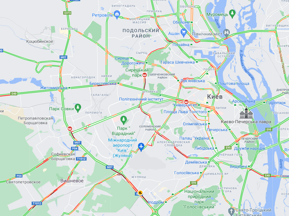 В Киеве пробки 20 августа. Скриншот из гугл-карт